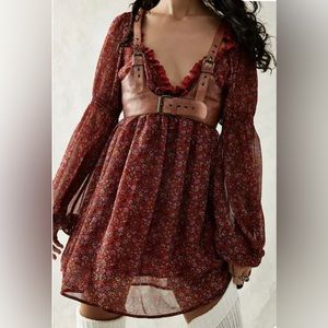 Free People Pennie Floral Print Ruffle Long Sleeve Mini Dress NWOT Size M